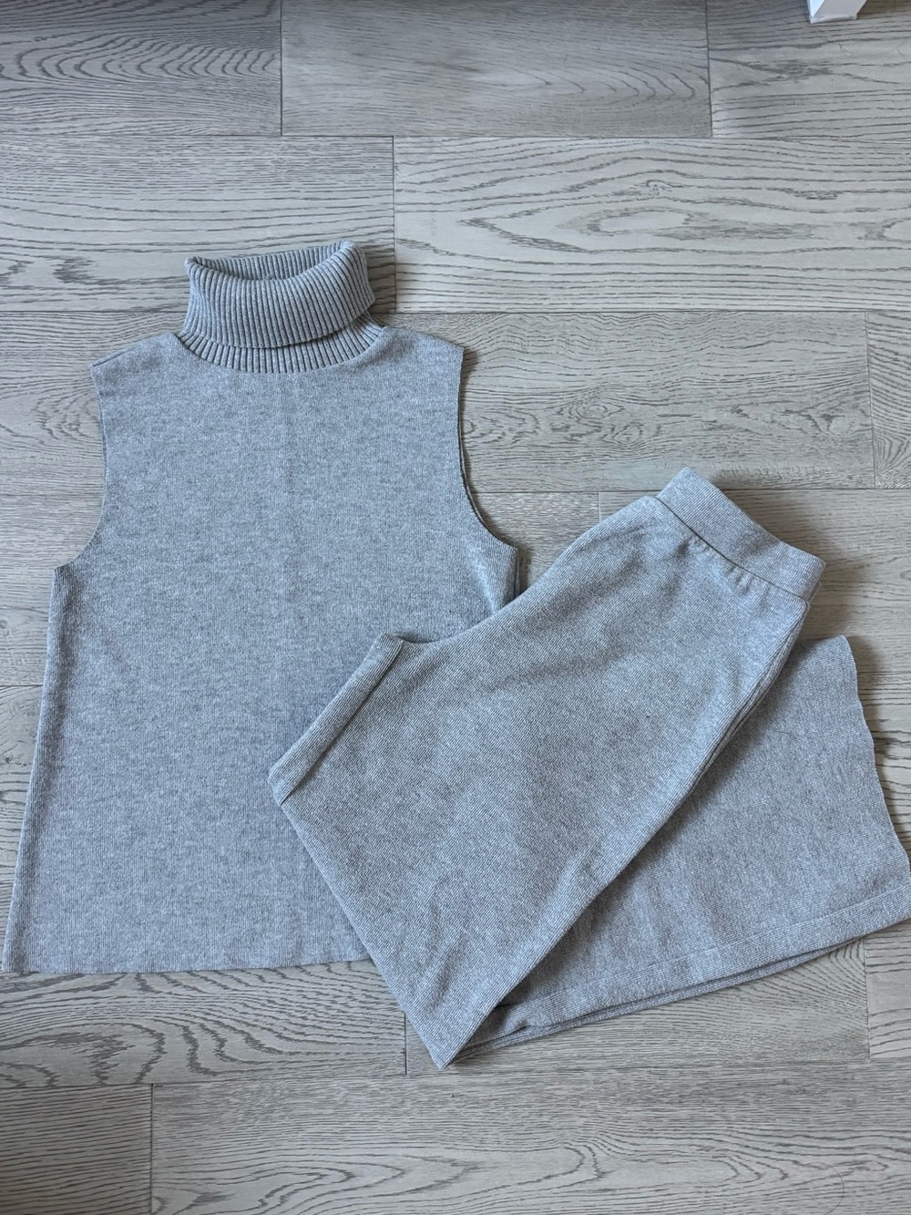 Zara Light Gray Wide Leg Knit Pants with Sleeveless Turtleneck Top